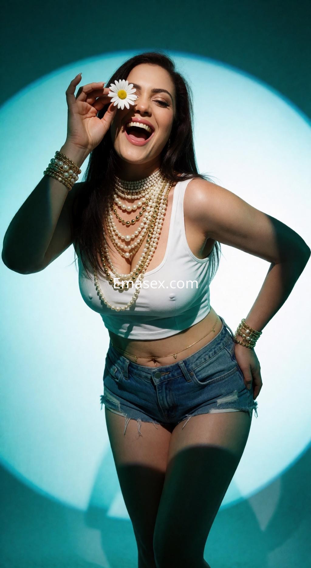 Escort en Pamplona, posando con una blusa blanca y shorts de mezclilla, sosteniendo una flor y luciendo joyas brillantes.