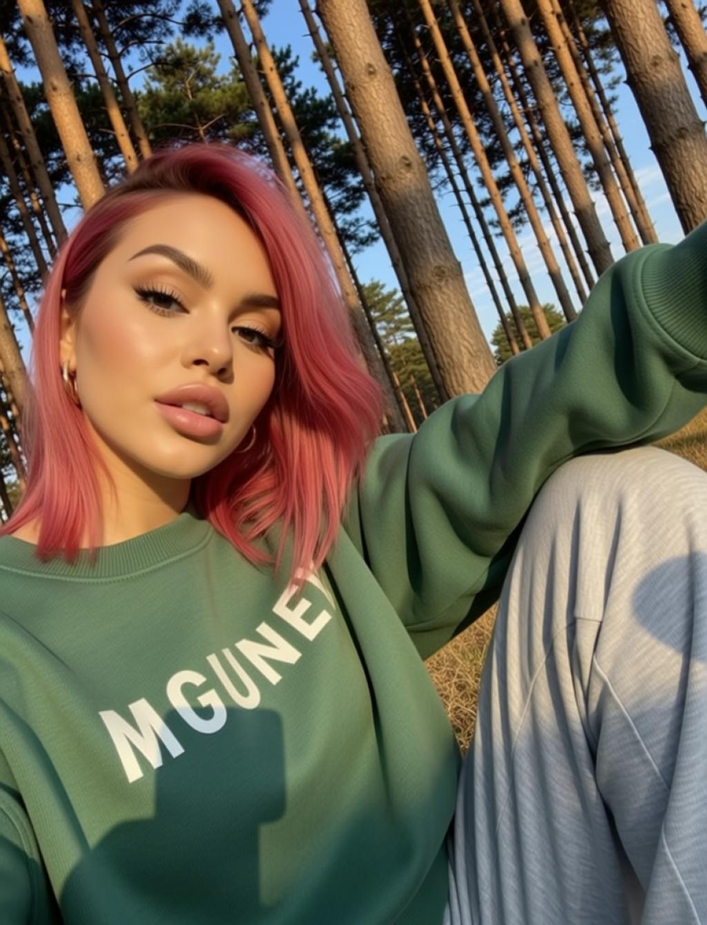 Puta trans con cabello rosa y sudadera verde sentada entre árboles en Albacete, luciendo un estilo casual.